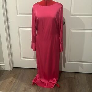 NWT H&M Hot Pink Satin Like Backless Long Sleeve Maxi Party Dress Size Medium